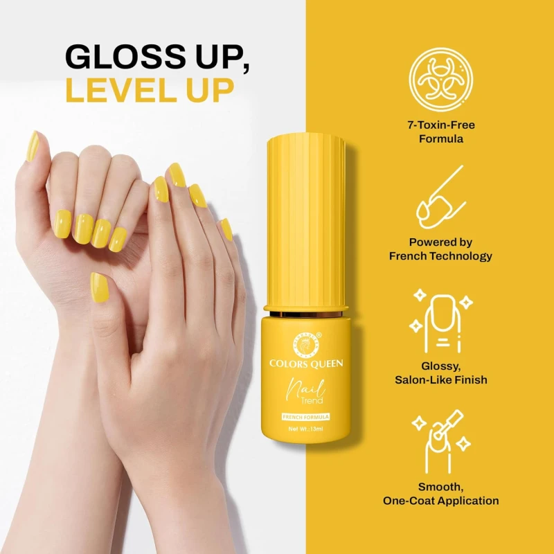 Colors Queen Nail Trend Glossy Nail Polish | Chip Resisting & Quick Drying Nail Paint with High Shine | 7 Toxin Free Formula | Vegan & Cruelty Free | Long Lasting & Vibrant Nail Paint for Women (Mustard Dip, 13ml) - Thumbnail 3